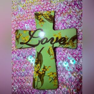 LOVE Green Yellow Floral Cross Magnet